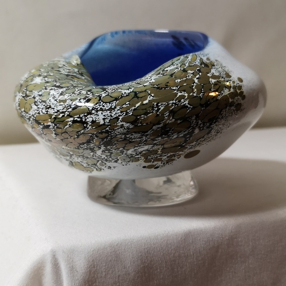 Unique Hand-blown & Artist Signed Art Glass Vessel "Bowl" Gold Blue White Lovely - Picture 7 of 10